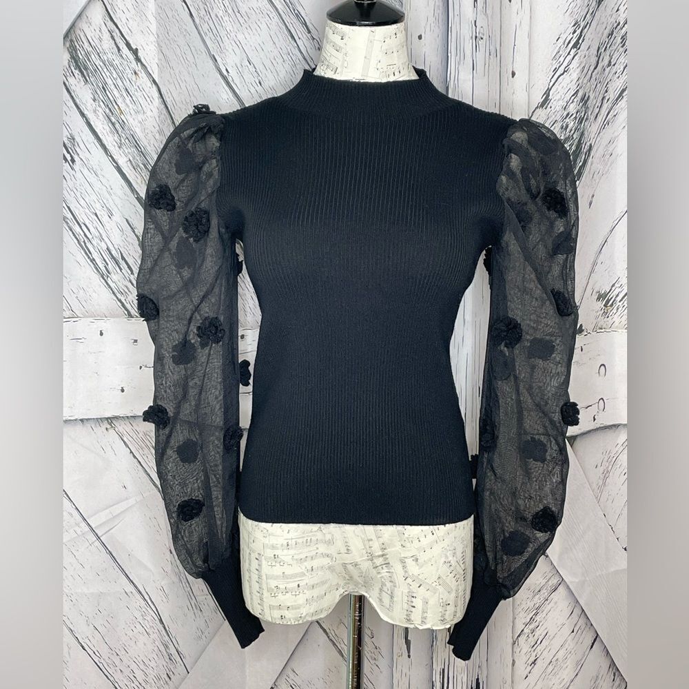 By Clara Paris Ribbed Mock Turtleneck Sweater Sheer Puffed Sleeves S/M
